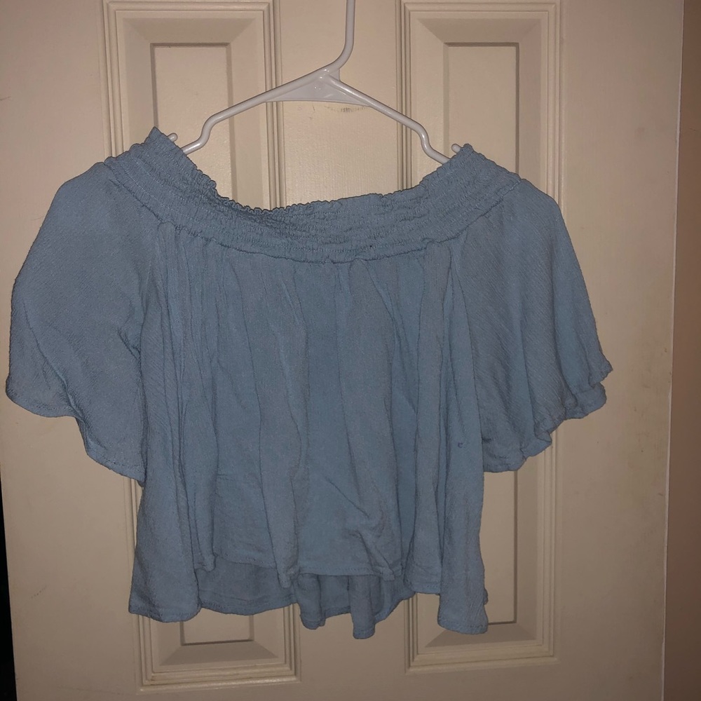 Off the shoulder, flowy, light blue crop top